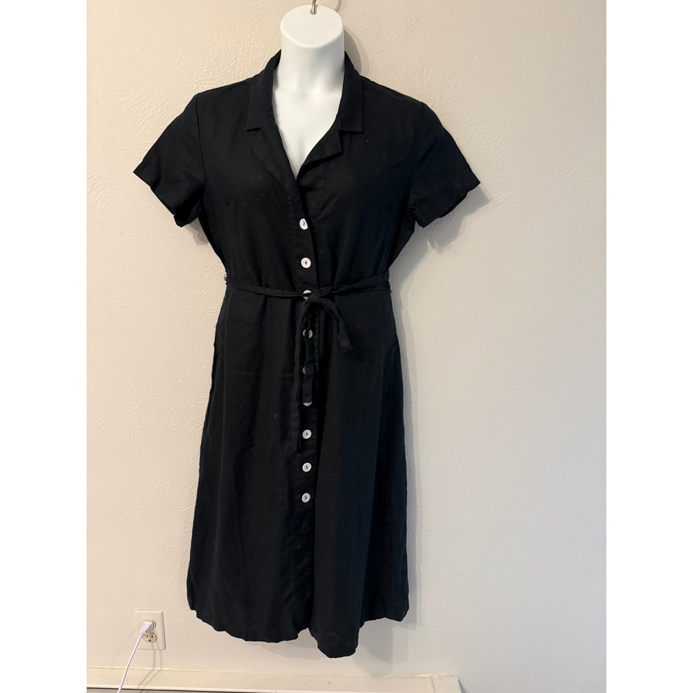 Quince 100% European Linen Button Front Belted Midi Dress Black Size L